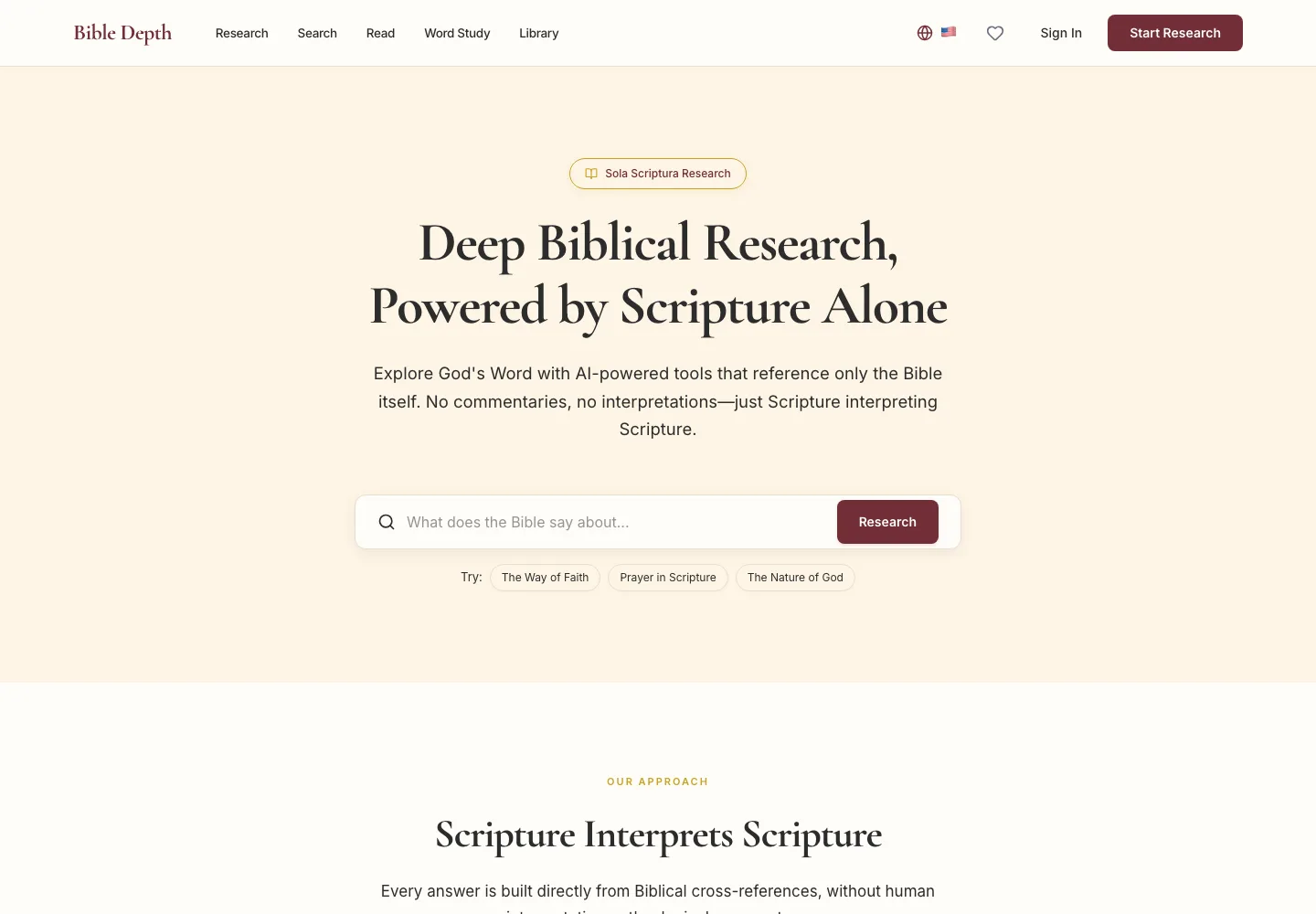 Bible Depth homepage with its research question interface on warm cream surfaces.