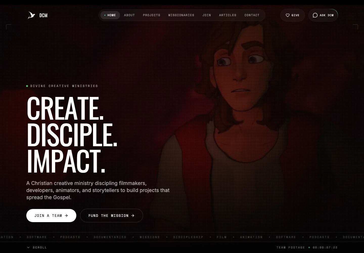 Divine Creative Ministries homepage with a full-screen cinematic hero.