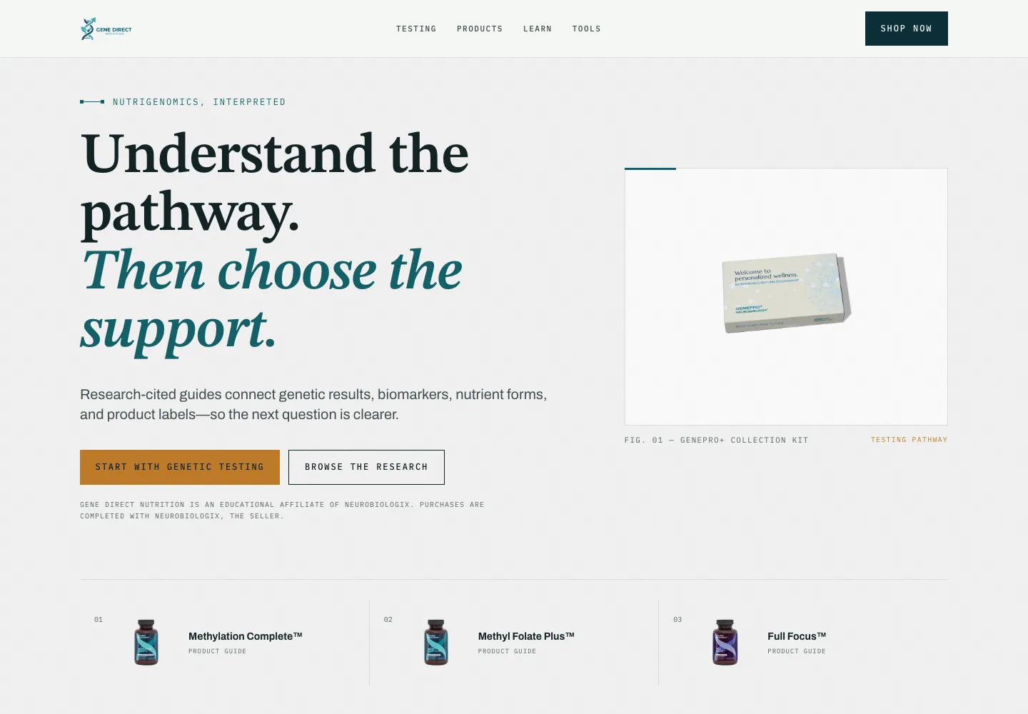 Gene Direct Nutrition homepage with warm editorial typography and the GenePro+ testing pathway.